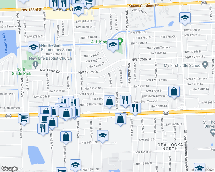 map of restaurants, bars, coffee shops, grocery stores, and more near 4351 Northwest 171st Street in Miami Gardens