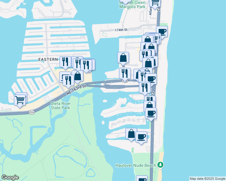 map of restaurants, bars, coffee shops, grocery stores, and more near in Sunny Isles Beach