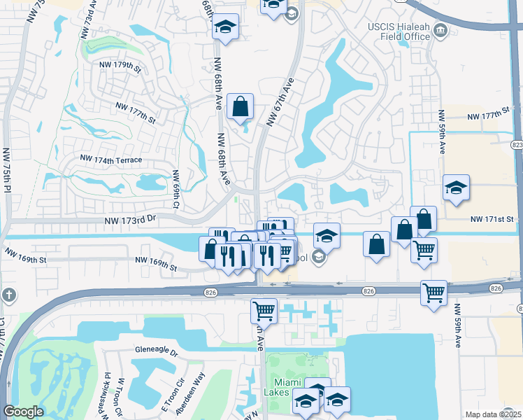 map of restaurants, bars, coffee shops, grocery stores, and more near 17330 Northwest 67th Avenue in Hialeah