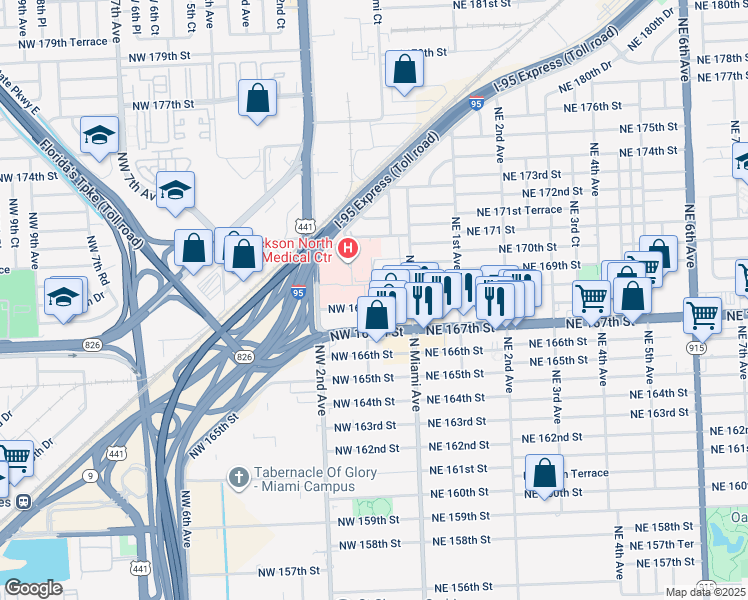 map of restaurants, bars, coffee shops, grocery stores, and more near 85 Northwest 168th Street in North Miami Beach
