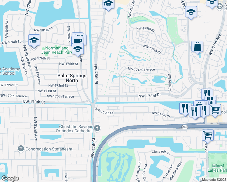 map of restaurants, bars, coffee shops, grocery stores, and more near 101 Northwest 173rd Street in Hialeah