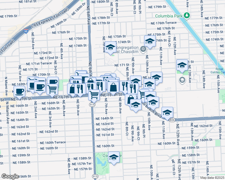 map of restaurants, bars, coffee shops, grocery stores, and more near 749 Northeast 167th Street in North Miami Beach