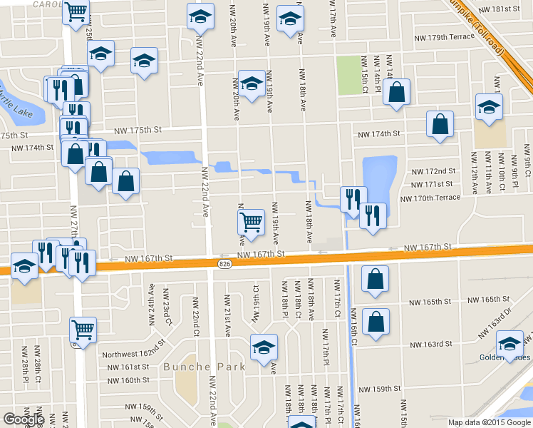 map of restaurants, bars, coffee shops, grocery stores, and more near 16940 Northwest 19th Avenue in Miami Gardens