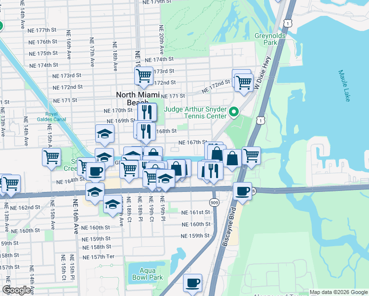 map of restaurants, bars, coffee shops, grocery stores, and more near 2080 Northeast 167th Street in North Miami Beach