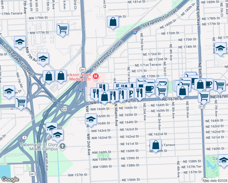 map of restaurants, bars, coffee shops, grocery stores, and more near 16798 North Miami Avenue in North Miami Beach