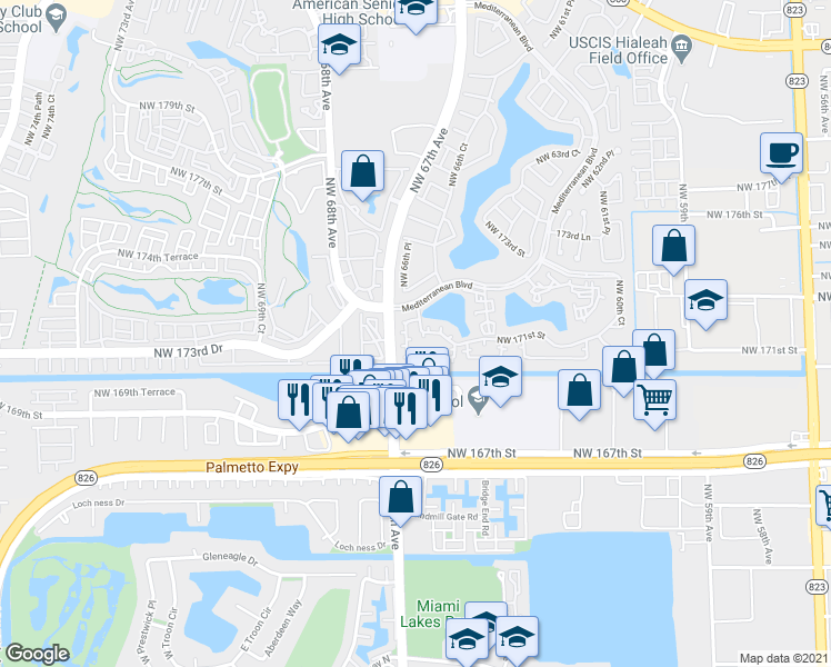 map of restaurants, bars, coffee shops, grocery stores, and more near 17037 Northwest 66th Court in Hialeah