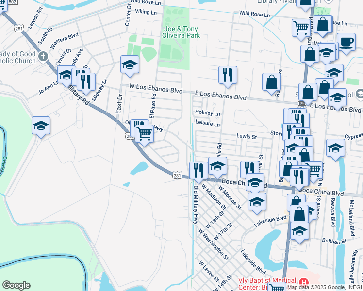 map of restaurants, bars, coffee shops, grocery stores, and more near 37 Old Military Highway in Brownsville