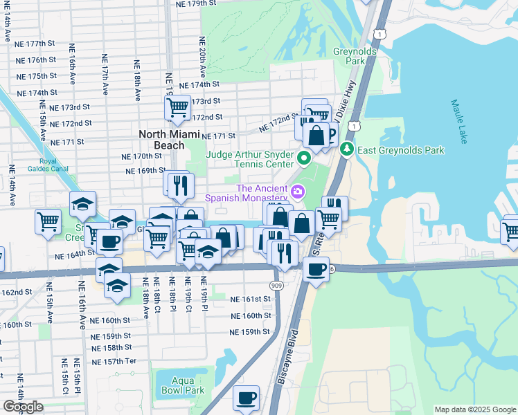 map of restaurants, bars, coffee shops, grocery stores, and more near 2176 Northeast 167th Street in North Miami Beach