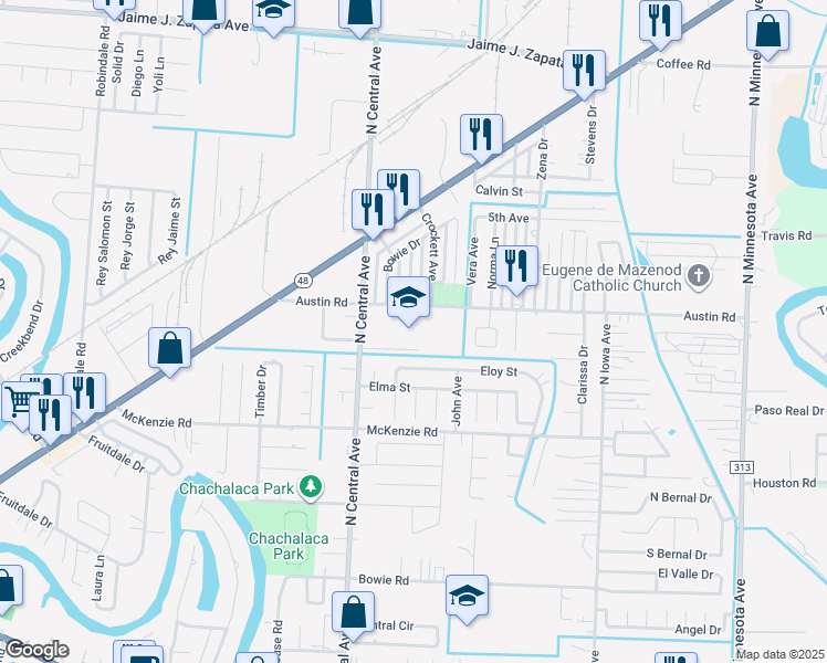 map of restaurants, bars, coffee shops, grocery stores, and more near 4750 Austin Road in Brownsville