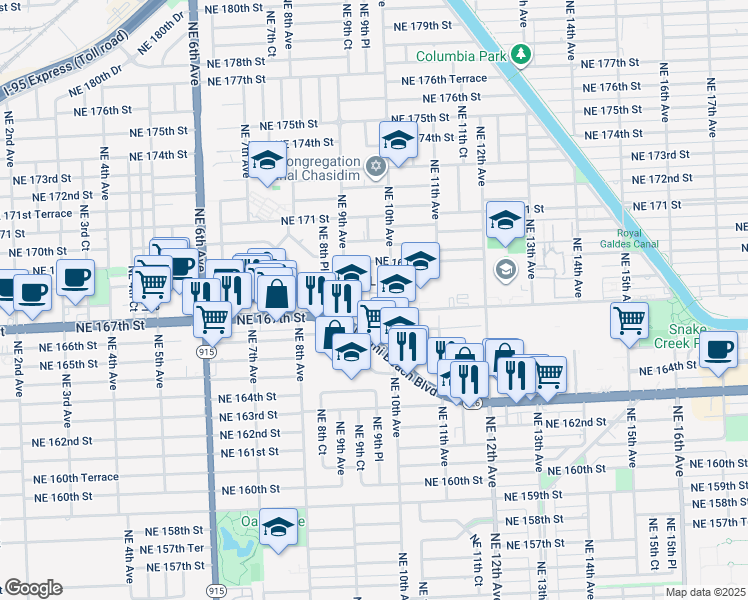 map of restaurants, bars, coffee shops, grocery stores, and more near 999 Northeast 167th Street in North Miami Beach