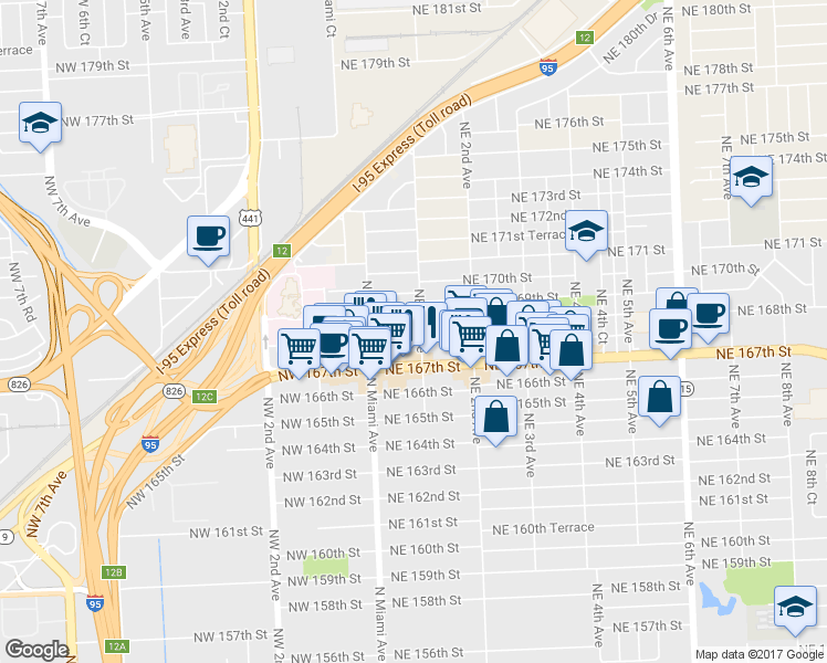 map of restaurants, bars, coffee shops, grocery stores, and more near 68 Northeast 168th Street in North Miami Beach