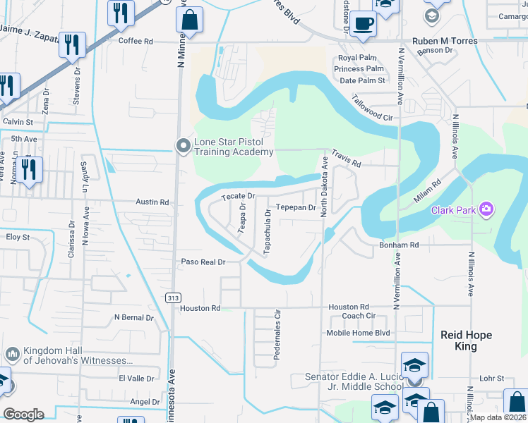 map of restaurants, bars, coffee shops, grocery stores, and more near 5810 Paso Real Dr in Brownsville