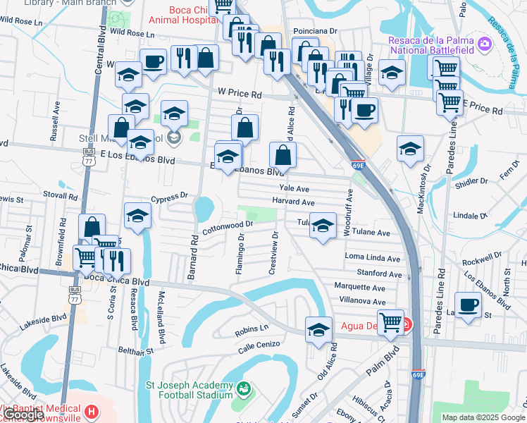 map of restaurants, bars, coffee shops, grocery stores, and more near 1295 Cottonwood Drive in Brownsville