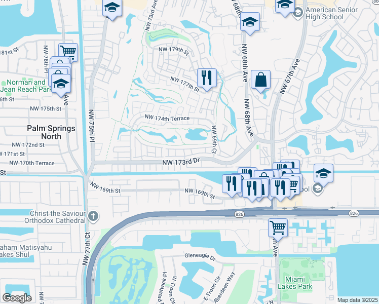 map of restaurants, bars, coffee shops, grocery stores, and more near 7045 Northwest 173rd Drive in Hialeah