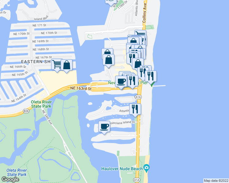 map of restaurants, bars, coffee shops, grocery stores, and more near 300330 Sunny Isles Boulevard in Sunny Isles Beach