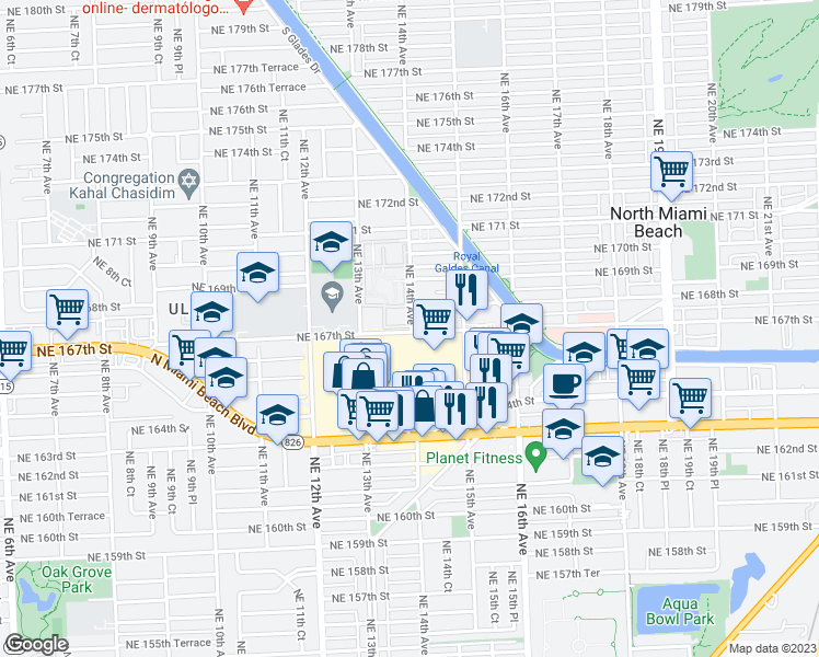 map of restaurants, bars, coffee shops, grocery stores, and more near 1425 Northeast 14th Avenue in Miami