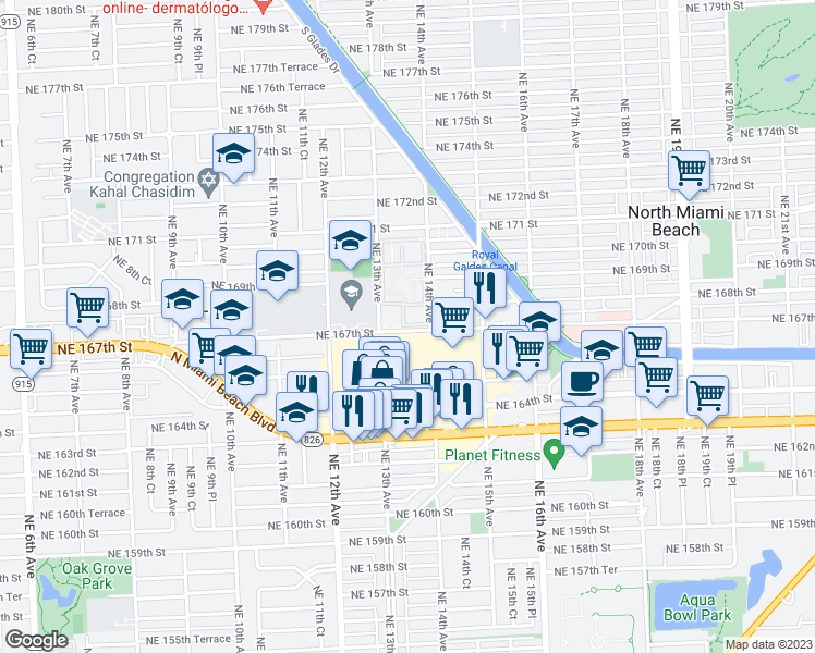 map of restaurants, bars, coffee shops, grocery stores, and more near 1300 Northeast 167th Street in Miami