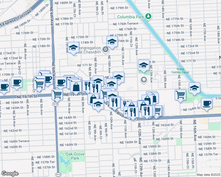 map of restaurants, bars, coffee shops, grocery stores, and more near 1012 Northeast 167th Street in North Miami Beach