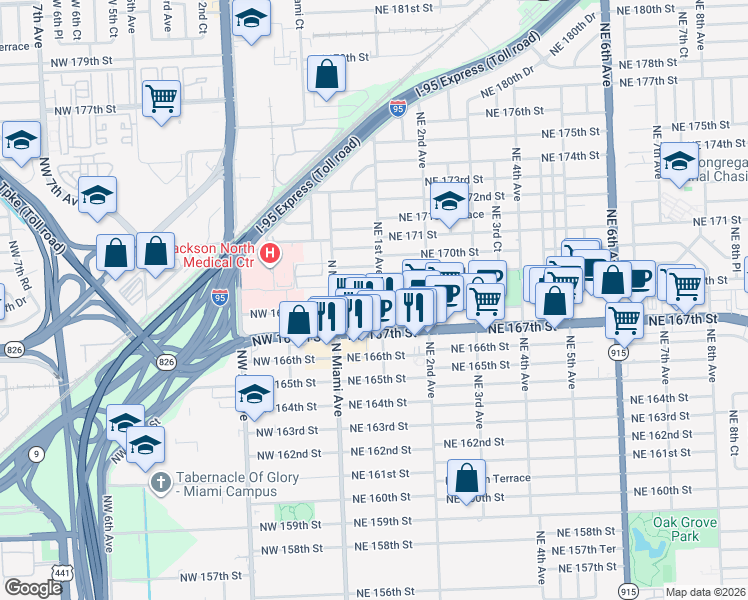 map of restaurants, bars, coffee shops, grocery stores, and more near 68 Northeast 168th Street in North Miami Beach