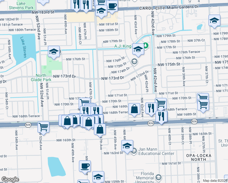 map of restaurants, bars, coffee shops, grocery stores, and more near 17100 Northwest 45th Court in Miami Gardens