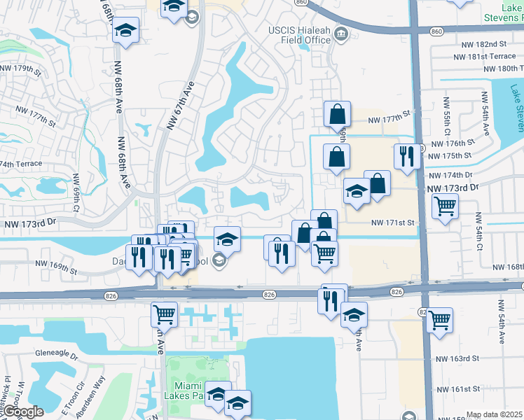 map of restaurants, bars, coffee shops, grocery stores, and more near 6133 Northwest 171st Street in Hialeah