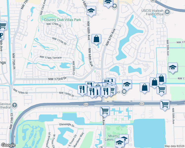 map of restaurants, bars, coffee shops, grocery stores, and more near 6878 Northwest 173rd Drive in Hialeah