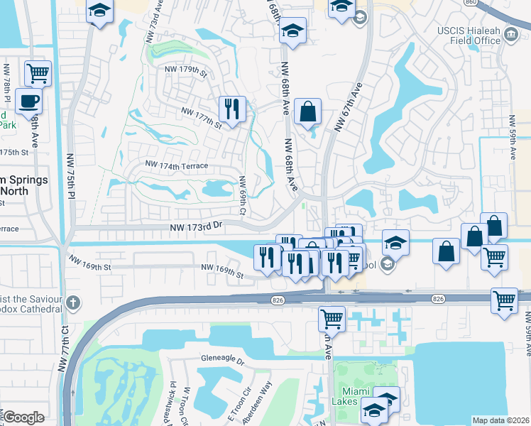map of restaurants, bars, coffee shops, grocery stores, and more near 6841 Northwest 173rd Drive in Hialeah