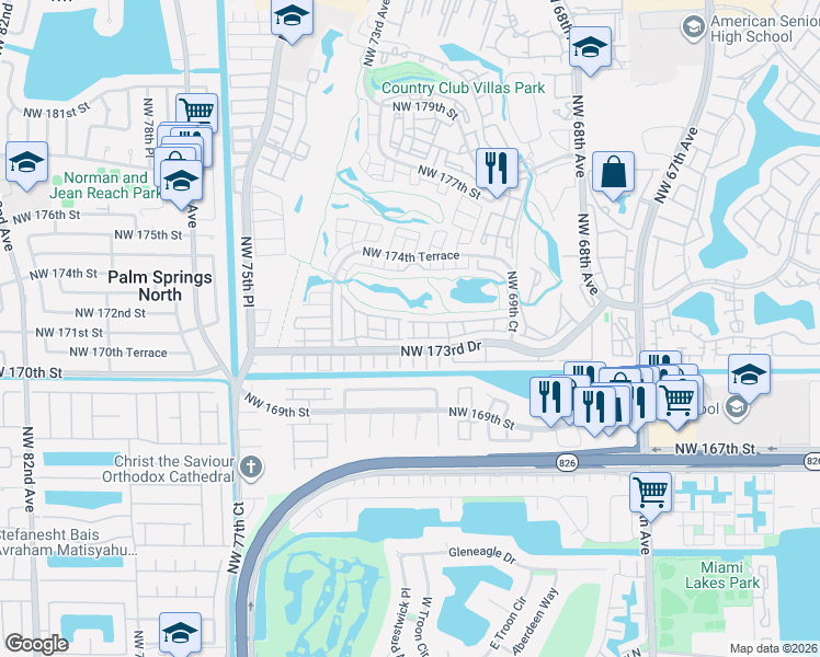 map of restaurants, bars, coffee shops, grocery stores, and more near 7295 Northwest 173rd Drive in Hialeah