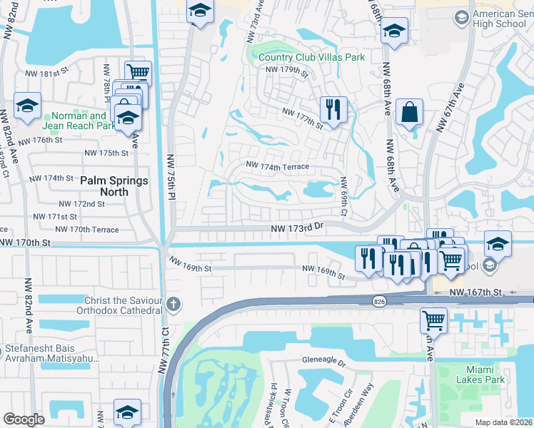 map of restaurants, bars, coffee shops, grocery stores, and more near 7295 Northwest 173rd Drive in Hialeah