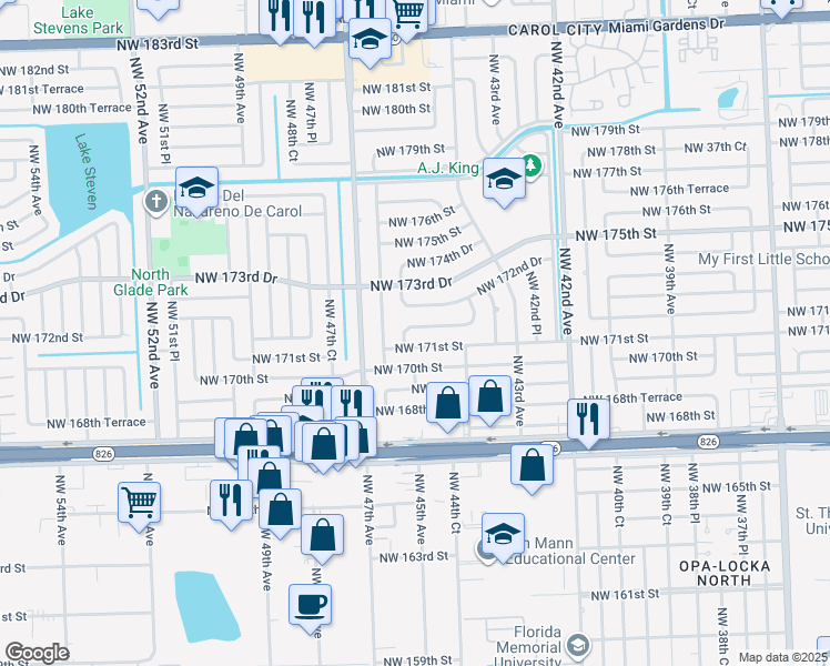 map of restaurants, bars, coffee shops, grocery stores, and more near 17100 Northwest 45th Court in Miami Gardens