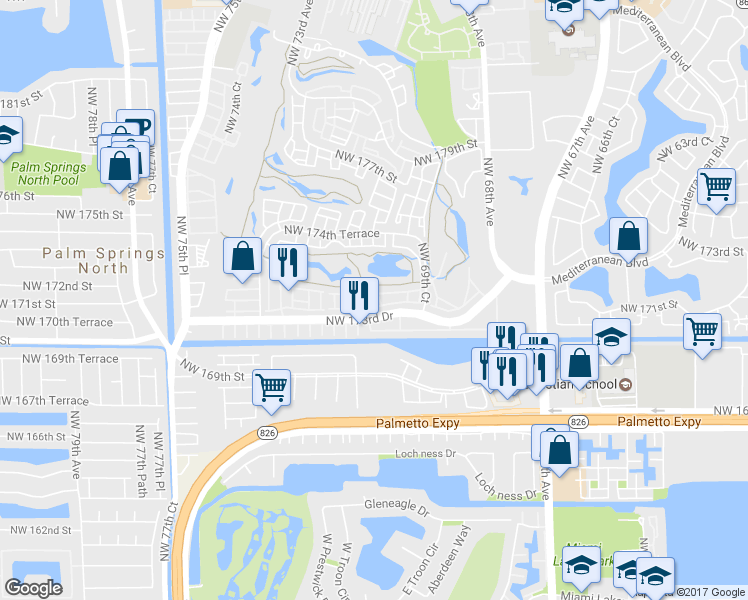 map of restaurants, bars, coffee shops, grocery stores, and more near 7045 Northwest 173rd Drive in Hialeah