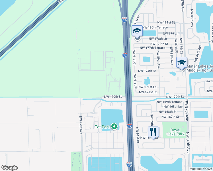 map of restaurants, bars, coffee shops, grocery stores, and more near Northwest 170th Street in Hialeah