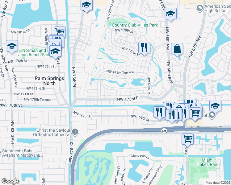 map of restaurants, bars, coffee shops, grocery stores, and more near 7295 Northwest 173rd Drive in Hialeah