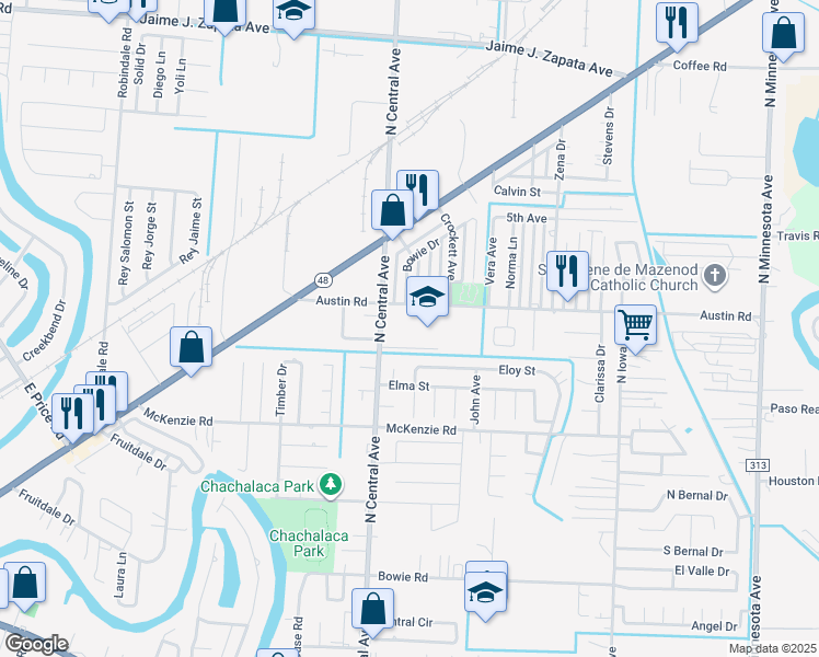 map of restaurants, bars, coffee shops, grocery stores, and more near 4750 Austin Road in Brownsville