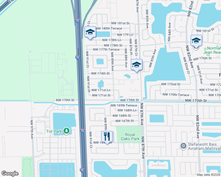 map of restaurants, bars, coffee shops, grocery stores, and more near 8902 Northwest 171st Lane in Hialeah