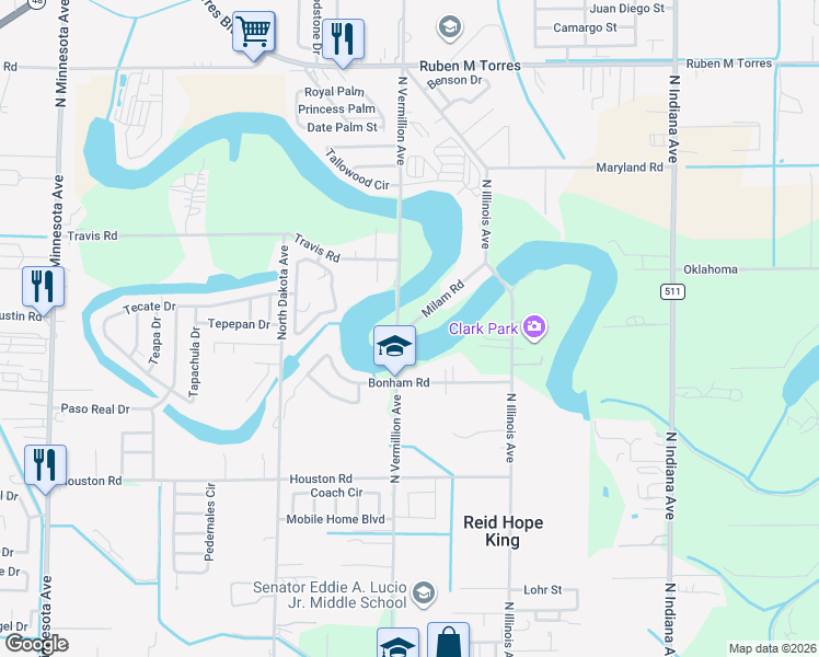 map of restaurants, bars, coffee shops, grocery stores, and more near 1120 North Vermillion Avenue in Brownsville