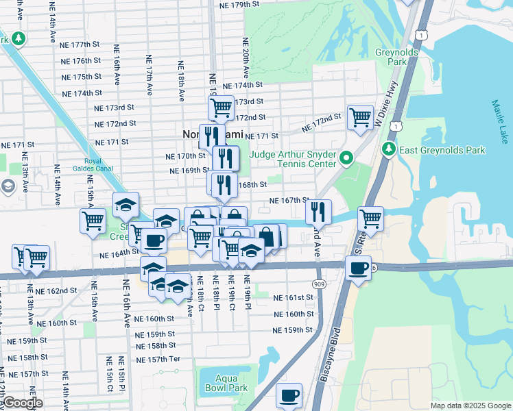map of restaurants, bars, coffee shops, grocery stores, and more near 16651 Northeast 20th Avenue in North Miami Beach