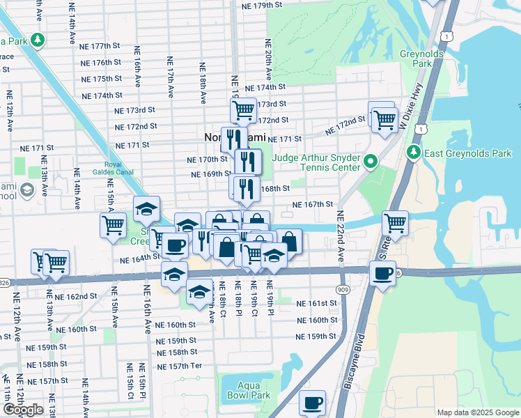 map of restaurants, bars, coffee shops, grocery stores, and more near 1959 North Glades Drive in North Miami Beach