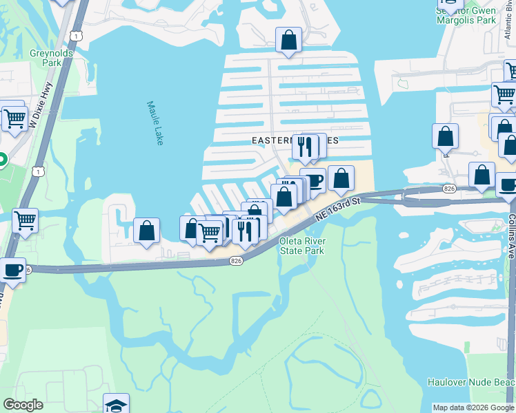 map of restaurants, bars, coffee shops, grocery stores, and more near 3300 Northeast 164th Street in North Miami Beach