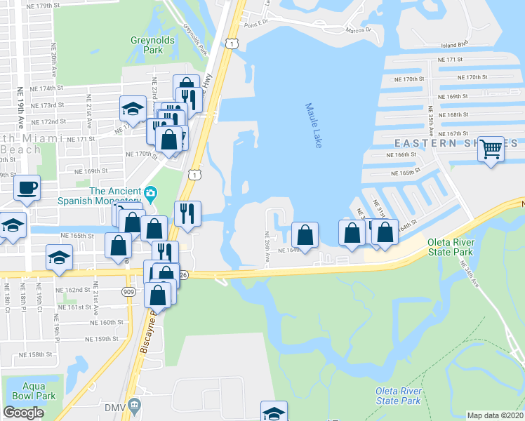 map of restaurants, bars, coffee shops, grocery stores, and more near 16518 Northeast 26th Avenue in North Miami Beach