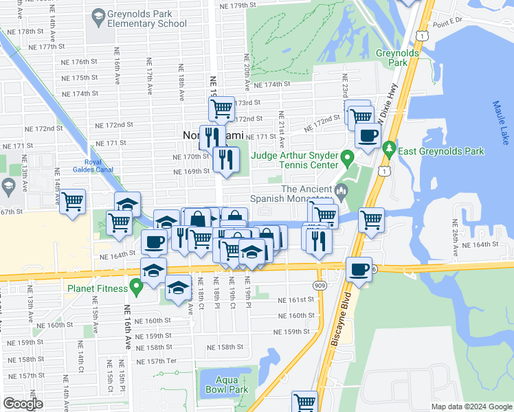 map of restaurants, bars, coffee shops, grocery stores, and more near 16651 Northeast 20th Avenue in North Miami Beach