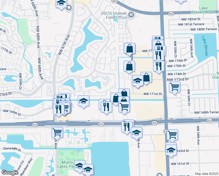map of restaurants, bars, coffee shops, grocery stores, and more near 17084 Northwest 60th Court in Hialeah