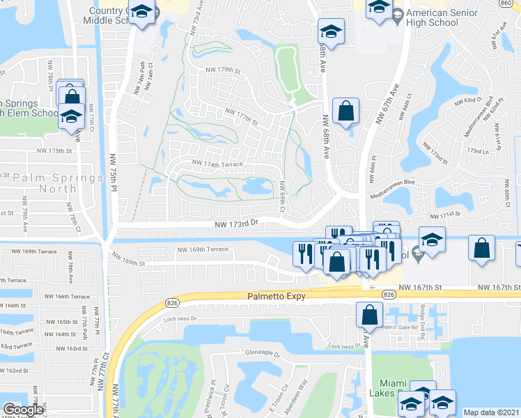 map of restaurants, bars, coffee shops, grocery stores, and more near 7045 Northwest 173rd Drive in Hialeah
