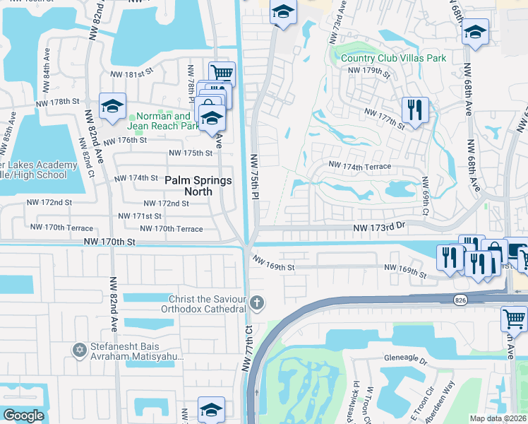 map of restaurants, bars, coffee shops, grocery stores, and more near 17312 Northwest 76th Court in Hialeah