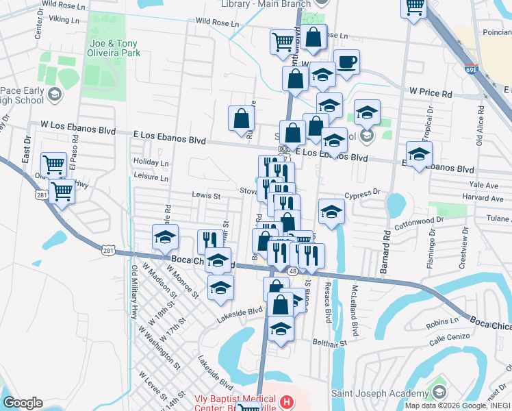 map of restaurants, bars, coffee shops, grocery stores, and more near 1464-1798 Brownfield Road in Brownsville