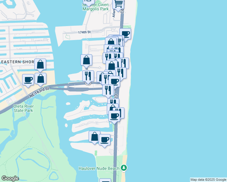 map of restaurants, bars, coffee shops, grocery stores, and more near in Sunny Isles Beach