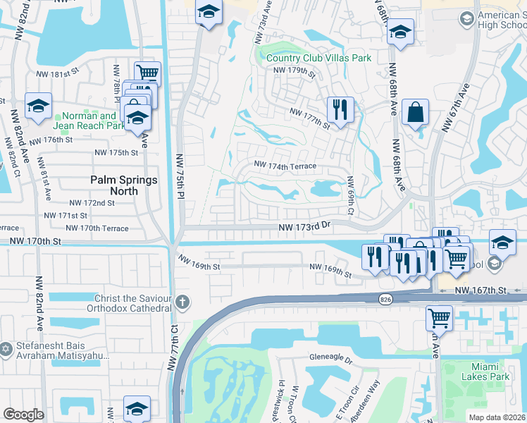 map of restaurants, bars, coffee shops, grocery stores, and more near 7375 Northwest 173rd Drive in Hialeah