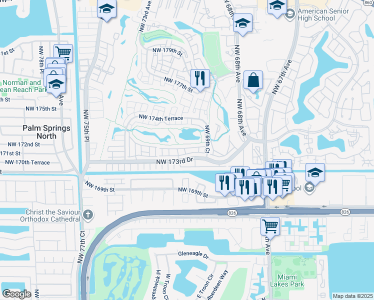 map of restaurants, bars, coffee shops, grocery stores, and more near 7045 Northwest 173rd Drive in Hialeah