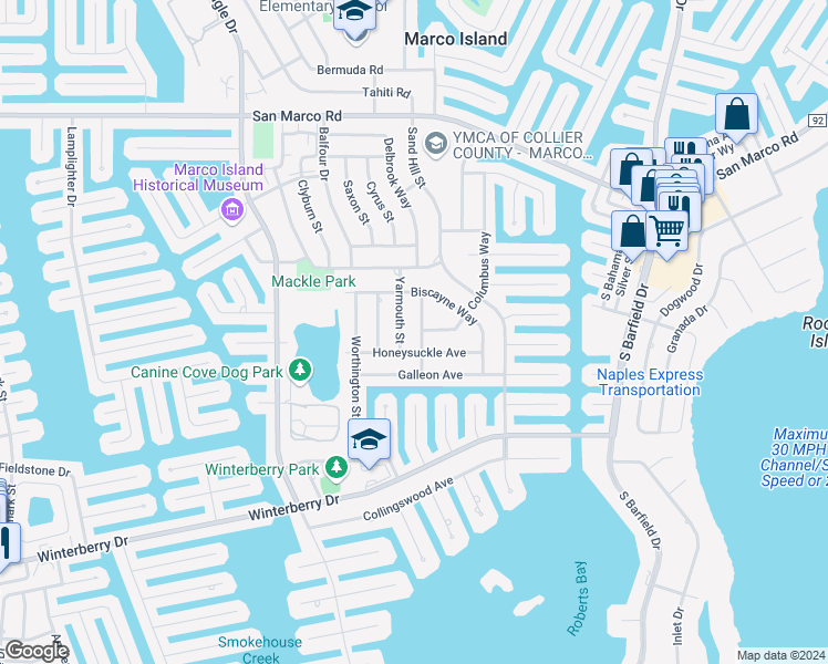 map of restaurants, bars, coffee shops, grocery stores, and more near 360 Hazelcrest Street in Marco Island