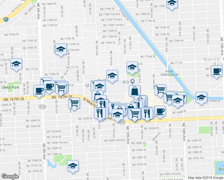 map of restaurants, bars, coffee shops, grocery stores, and more near 1075 Northeast 167th Street in North Miami Beach